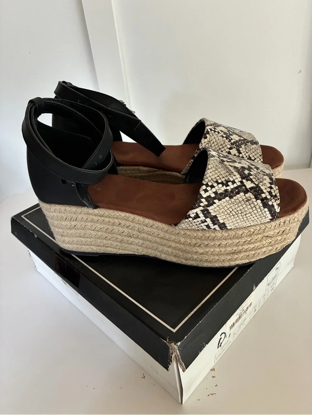 Qupid Snake-Print Espadrille Platform Sandal with Black Ankle Strap